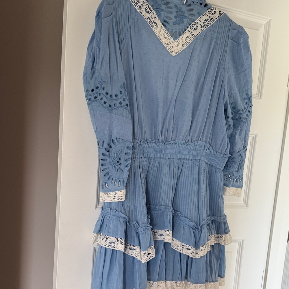 LoveShackFancy Blue Mini Dress with White Lace Trim - Picture 3 of 7